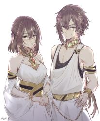 Rule 34 | 1boy, 1girl, adele (fate), belt, bracelet, brown hair, csyday, detached sleeves, earrings, fate/grand order, fate (series), green eyes, hand on own hip, jewelry, makarios (fate), aged up, own hands together, pendant, siblings, tunic, twins
