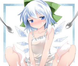 Rule 34 | 1girl, bare shoulders, blue eyes, blue hair, blush, bow, cirno, cream, hair bow, half-closed eyes, hammer (sunset beach), matching hair/eyes, sexually suggestive, shirt, short hair, solo, spoon, spread legs, touhou, wet, wet clothes, wet shirt, wings
