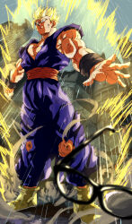 Rule 34 | 1boy, absurdres, baggy pants, biceps, black-framed eyewear, blonde hair, blue sky, closed mouth, commentary request, day, dougi, dragon ball, dragon ball super, dragon ball super super hero, energy, unworn eyewear, from below, full body, glasses, glowing, glowing hair, green eyes, highres, kouji08250, looking ahead, male focus, muscular, muscular male, orange sash, outdoors, pants, pectorals, purple pants, rain, sash, serious, shoes, short hair, sky, solo, son gohan, spiked hair, standing, super saiyan, throwing glasses, v-shaped eyebrows, white footwear, wristband