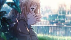 Rule 34 | 1girl, blush, brown coat, brown eyes, brown hair, coat, from side, game cg, hands on own face, idolmaster, idolmaster shiny colors, light brown hair, medium hair, official art, outdoors, own hands together, profile, rain, sakuragi mano, solo, sweater, tears, third-party source, tomari (veryberry00), wet