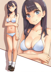 Rule 34 | 1girl, bare legs, bare shoulders, bikini, black hair, blue eyes, blush, breasts, brown footwear, cleavage, closed mouth, collarbone, full body, gluteal fold, hand on own arm, highres, kakinomai, loafers, long hair, looking at viewer, medium breasts, navel, original, shoes, smile, socks, solo, standing, stomach, swimsuit, thigh gap, two-tone background, white bikini, white socks, zoom layer