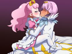 Rule 34 | 1boy, 1girl, apron, bed sheet, blush, go! princess precure, gradient background, heart, heart-shaped pupils, hetero, implied sex, kiss, leg lock, long twintails, open mouth, pantyhose, pink eyes, pink hair, precure, prince kanata, profile, puff (go! princess precure), puffy short sleeves, puffy sleeves, royal gauge - fuck, saliva, short sleeves, sitting, straddling, suigin cigarette, symbol-shaped pupils, tiara, tongue, tongue out, upright straddle, white pantyhose