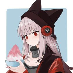 Rule 34 | 1girl, animal ears, arknights, beanie, black hat, blue background, border, bowl, ears through headwear, food, fox ears, fox girl, frostleaf (arknights), grey hair, grey shirt, hat, headphones, highres, holding, holding bowl, implied extra ears, jacket, long hair, material growth, open clothes, open jacket, oripathy lesion (arknights), outside border, portrait, red eyes, red jacket, red nails, shaved ice, shirt, simple background, solo, waichi, white border
