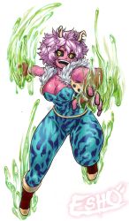 Rule 34 | 1girl, artist name, ashido mina, black sclera, bodysuit, boku no hero academia, boots, breasts, cleavage, colored sclera, colored skin, esho, full body, highres, horns, medium breasts, messy hair, open mouth, pink hair, pink skin, short hair, simple background, slime, smile, solo, teeth, tongue, upper teeth only, vest, white background, yellow eyes