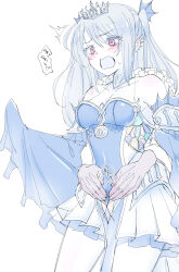 Rule 34 | 1girl, bare shoulders, blue dress, collarbone, dress, duel monster, fingering, fingering through clothes, hayupipipipi, highres, hug, lock, long hair, open mouth, purple eyes, siren (mythology), skirt, sleeves past wrists, surprised, sweat, through clothes, tiara, twintails, upper body, white hair, white skirt, yu-gi-oh!