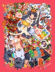 Rule 34 | 1girl, 2022, absurdres, akabeko, arrow (projectile), ball, bandaid, bandaid on knee, bandaid on leg, beachball, bell, black footwear, black hair, black skirt, chinese zodiac, dango, egg, flower, food, happy new year, highres, jewelry, kendama, leaf, long hair, long sleeves, necklace, new year, nintendo switch, original, pillow, pink background, pink flower, plant, pleated skirt, shoes, sizucomaru, skirt, snack, socks, solo, tablet pc, tiger, wagashi, white socks, year of the tiger