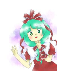 Rule 34 | 1girl, :d, aqua eyes, aqua hair, arm ribbon, bow, dress, frilled ribbon, frills, front ponytail, hair bow, hands up, kagiyama hina, long hair, looking at viewer, nonamejd, official style, open mouth, puffy short sleeves, puffy sleeves, red bow, red dress, red ribbon, ribbon, short sleeves, smile, solo, star (symbol), star in eye, symbol in eye, teeth, touhou, upper teeth only, zun (style)
