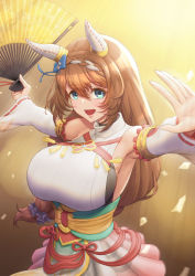 Rule 34 | absurdres, alternate costume, animal ears, bare shoulders, blue eyes, braid, breasts, brown hair, crown braid, dress, ear covers, folding fan, hair between eyes, hand fan, high collar, highres, holding, holding fan, horse ears, horse girl, inari one (fields of gold) (umamusume), inari one (umamusume), large breasts, long hair, looking at viewer, o-ring, open mouth, outstretched arms, sash, shibakarisena, sideboob, sleeveless, sleeveless dress, smile, super creek (umamusume), umamusume, wide sleeves