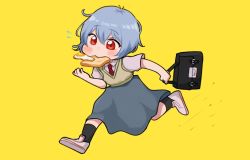 Rule 34 | 1girl, ayanami rei, bag, beige vest, black socks, blouse, blue hair, blue skirt, blush, bread slice, briefcase, chibi, commentary, english commentary, food, food in mouth, fried egg, from side, full body, gakuran, hand up, highres, holding, holding bag, mouth hold, necktie, neon genesis evangelion, nvi2762, red eyes, red necktie, running, school briefcase, school uniform, shirt, short hair, short sleeves, simple background, skirt, socks, solo, toast, toast in mouth, tokyo-3 middle school uniform, vest, white shirt, wing collar, yellow background