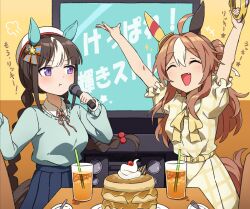 Rule 34 | 1-4daithi, 2girls, :t, puff of air, ^ ^, animal ears, arms up, blue sky, blue sweater, braid, breasts, brown hair, closed eyes, collared shirt, copano rickey (umamusume), cup, dress, drinking straw, ear covers, fang, food, hair bobbles, hair ornament, highres, hokko tarumae (umamusume), holding, holding instrument, holding microphone, horse ears, horse girl, horse tail, indoors, instrument, karaoke, long hair, long sleeves, looking at another, low twin braids, medium breasts, microphone, multicolored hair, multiple girls, open mouth, pancake, plate, pout, purple eyes, shirt, short sleeves, sky, small breasts, standing, sweater, table, tail, tambourine, television, translation request, twin braids, two-tone hair, umamusume, v-shaped eyebrows, yellow dress