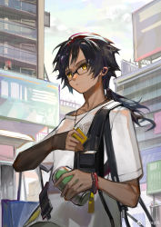 Rule 34 | 1boy, absurdres, arknights, black-framed eyewear, black hair, bracelet, can, casual, cityscape, clay (clayjun), dark-skinned male, dark skin, day, drink can, expressionless, fanny pack, glasses, highres, holding, jewelry, layered sleeves, long hair, long sleeves, looking away, low ponytail, male focus, necklace, official alternate costume, outdoors, shirt, short over long sleeves, short sleeves, soda can, solo, thorns (arknights), thorns (comodo) (arknights), upper body, white shirt, yellow eyes
