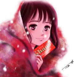 Rule 34 | 1girl, blush, brown eyes, brown hair, chocolate, chutohampa, long hair, original, signature, smile, snow, solo, valentine, white background