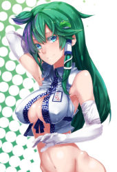Rule 34 | 1girl, arm up, armpits, bad id, bad pixiv id, bare shoulders, blue eyes, bottomless, breasts, center opening, cleavage, elbow gloves, covered erect nipples, female focus, frog hair ornament, gloves, green hair, hair ornament, hair tubes, kochiya sanae, large breasts, long hair, navel, ruuto (sorufu), smile, snake, solo, touhou, white gloves