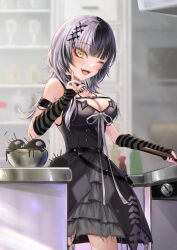 Rule 34 | 1girl, absurdres, alternate hair color, arm strap, arm warmers, black choker, black dress, black gloves, black hair, blush, breasts, choker, cleavage, dress, fingerless gloves, gloves, hair ornament, highres, hololive, hololive english, lace, lace choker, large breasts, long hair, looking at viewer, multicolored hair, one eye closed, shiori novella, shiori novella (1st costume), short dress, sleeveless, sleeveless dress, smile, solo, split-color hair, two-tone hair, virtual youtuber, white hair, yellow eyes, yorick (shiori novella), zolomon (jarvis lin)