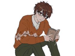 Rule 34 | 1boy, black-framed eyewear, black pants, book, brown hair, buttons, collared shirt, commentary, ensemble stars!, fingernails, hair between eyes, highres, hiroi0101, holding, holding book, long sleeves, looking at viewer, male focus, morisawa chiaki, open book, pants, parted lips, red eyes, shirt, simple background, sitting, solo, sweater, symbol-only commentary, white background