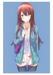 Rule 34 | 1girl, absurdres, arm behind back, bag, black pantyhose, blue background, blue hoodie, blue jacket, breasts, brown hair, buttons, carrying bag, closed mouth, collared dress, cowboy shot, dress, hair between eyes, handbag, highres, holding, holding bag, hood, hoodie, idolmaster, idolmaster shiny colors, jacket, kenken (keuken), long hair, looking at viewer, medium breasts, open clothes, open jacket, osaki tenka, over shoulder, pantyhose, patterned clothing, simple background, smile, solo, straight hair, white dress, yellow eyes