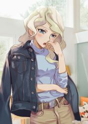 Rule 34 | 1girl, :o, alternate costume, backlighting, beizhe mu jita de xiao zhu, belt, blonde hair, blue eyes, blue sweater, blush, breast pocket, breasts, casual, cowboy shot, denim, denim jacket, diana cavendish, green hair, hand on own arm, hand on own face, high-waist pants, highres, indoors, jacket, jacket on shoulders, little witch academia, long hair, long sleeves, looking at viewer, multicolored hair, open mouth, pants, pocket, shirt tucked in, sleeves pushed up, small breasts, solo, standing, sweater, tsurime, two-tone hair, unbuttoned, wavy hair, weibo watermark