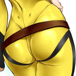Rule 34 | 10s, 1girl, alternate color, ass, ass focus, belt, bodysuit, close-up, dimples of venus, from behind, hand on own hip, impossible clothes, misaki yuria, shinobu (tyno), simple background, skin tight, solo, tight clothes, uchuu senkan yamato, uchuu senkan yamato 2199, white background