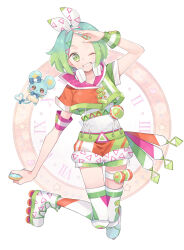 Rule 34 | 1girl, arm up, armband, blue hair, bow, bow hairband, chiri (ch!), chuppe, clock, cropped shirt, full body, gradient hair, green eyes, green hair, grin, hair bow, hairband, headphones, headphones around neck, idol clothes, idol time pripara, looking at viewer, mouse (animal), multicolored clothes, multicolored hair, multicolored shorts, nijiiro nino, one eye closed, open mouth, pretty series, pripara, roller skates, short hair, shorts, skates, smile, solo, swept bangs, thigh strap, third-party source, white hairband, wrist cuffs
