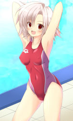 Rule 34 | 1girl, alternate color, arena (company), armpits, arms behind head, arms up, breasts, character request, competition swimsuit, covered erect nipples, cowboy shot, hair intakes, hizuki aki, logo, md5 mismatch, medium breasts, one-piece swimsuit, pink hair, poolside, red eyes, red one-piece swimsuit, resolution mismatch, short hair, smile, solo, swimsuit