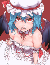 Rule 34 | 1girl, aqua hair, asanagi, bare shoulders, bat wings, blue hair, breasts, choker, cleavage, downblouse, dress, face, fangs, female focus, from above, hat, looking up, red eyes, remilia scarlet, short hair, slit pupils, small breasts, solo, strapless, strapless dress, touhou, vampire, wings
