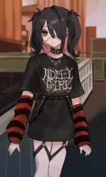 Rule 34 | 1girl, alternate costume, ame-chan (needy girl overdose), arm warmers, arms at sides, black collar, black hair, black shirt, bridge, closed mouth, clothes writing, collar, cowboy shot, cross, cross necklace, expressionless, eyepatch, grey eyes, hair ornament, hair over one eye, highres, jewelry, long hair, looking at viewer, medical eyepatch, necklace, needy girl overdose, no pants, outdoors, print shirt, sanmanako, shirt, solo, standing, twintails, x hair ornament