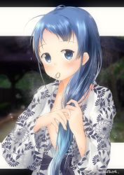 Rule 34 | 1girl, artist name, blue eyes, blue hair, blurry, blurry background, blush, collarbone, commentary request, floral print, holding, holding own hair, japanese clothes, kantai collection, kimono, long hair, looking at viewer, mae (maesanpicture), samidare (kancolle), solo, swept bangs, very long hair, water drop, yukata