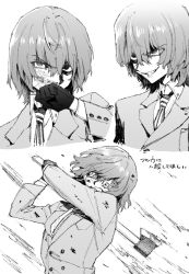Rule 34 | 1boy, akechi gorou, axe, blood, dirty, dirty clothes, dirty face, gloves, greyscale, grin, hair between eyes, highres, holding, holding axe, holding weapon, jacket, long sleeves, maki keigo, male focus, monochrome, multiple views, necktie, persona, persona 5, simple background, smile, translation request, weapon, wiping face