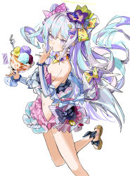 Rule 34 | 1girl, absurdres, azusa (blue archive), azusa (swimsuit) (blue archive), bare shoulders, bead necklace, beads, bikini, bikini skirt, blue archive, closed mouth, cup, flat chest, floating hair, flower, food, frilled bikini, frills, gohanduck, grey hair, hair flower, hair ornament, highres, holding, holding cup, holding spoon, ice cream, jewelry, long hair, looking at viewer, navel, necklace, pink eyes, sandals, simple background, solo, spoon, swimsuit, v, white background