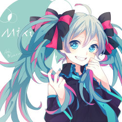 Rule 34 | 1girl, ahoge, blue eyes, blue hair, bow, character name, clenched teeth, detached sleeves, hair bow, hatsune miku, hibari (18218218), long hair, matching hair/eyes, necktie, smile, solo, symbol-shaped pupils, teeth, twintails, vocaloid