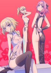 Rule 34 | 1boy, 2girls, absurdres, adjusting dress, ass, astolfo (fate), back cutout, bow, braid, breasts, butt crack, china dress, chinese clothes, cleavage, clothing cutout, crossdressing, dress, fate/apocrypha, fate (series), floral background, gradient background, hair bow, hej (pixiv13035031), highres, jeanne d&#039;arc (fate), jeanne d&#039;arc (ruler) (fate), mordred (fate), mordred (fate/apocrypha), multiple girls, no bra, sideboob, single thighhigh, sitting, thighhighs, trap