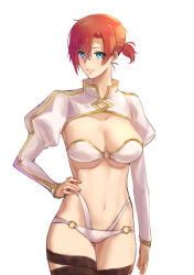 Rule 34 | 1girl, bikini, blue eyes, boudica (fate), breasts, closed mouth, cowboy shot, emoshon, fate/grand order, fate (series), hand on own hip, highres, juliet sleeves, large breasts, long sleeves, looking at viewer, navel, o-ring, o-ring bikini, puffy sleeves, red hair, short hair, short ponytail, shrug (clothing), smile, solo, stomach, swimsuit, thigh gap, white bikini