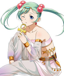Rule 34 | 00s, 1girl, ankh, blue eyes, breasts, cleavage, collarbone, detached sleeves, earrings, eyebrows, female focus, green hair, hair bobbles, hair ornament, ikkitousen, jewelry, long hair, looking at viewer, magatama, magatama earrings, one eye closed, see-through, shokatsuryou koumei, simple background, small breasts, solo, strapless, twintails, white background, wink
