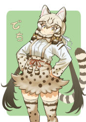 Rule 34 | &gt;:), 1girl, animal ear fluff, animal ears, animal print, blonde hair, bow, bowtie, brown hair, buttons, cat ears, cat girl, cat tail, closed mouth, colored inner hair, fang, fang out, feet out of frame, geoffroy&#039;s cat (kemono friends), hair between eyes, hair ribbon, hands on own hips, hatch (hatch box), high-waist skirt, kemono friends, legs apart, long hair, long sleeves, looking at viewer, miniskirt, multicolored hair, print bow, print bowtie, print shirt, print skirt, print sleeves, print thighhighs, ribbon, shirt, skin fang, skirt, sleeves past wrists, smile, solo, standing, suspender skirt, suspenders, tail, thighhighs, twintails, v-shaped eyebrows, very long hair, yellow eyes, zettai ryouiki