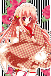 Rule 34 | 1girl, :d, apron, bell, checkered clothes, checkered kimono, floral background, frilled kimono, frills, hair bell, hair ornament, japanese clothes, kimono, lolita fashion, long hair, looking at viewer, maid, maid apron, maid headdress, natsuki coco, open mouth, original, pink eyes, pink hair, smile, solo, striped, striped background, thighhighs, vertical stripes, wa lolita, wa maid, white thighhighs, zettai ryouiki