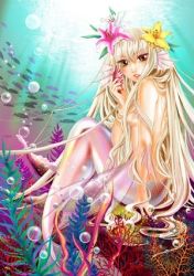 Rule 34 | bare shoulders, blonde hair, coral, fins, fish, flower, head fins, long hair, lowres, mermaid, monster girl, solo, underwater