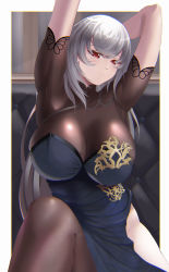 Rule 34 | 1girl, absurdres, armpits, azur lane, black pantyhose, breasts, china dress, chinese clothes, cleavage, dress, grey hair, highres, large breasts, long hair, looking at viewer, mole, mole under eye, official alternate costume, pantyhose, red eyes, saint-louis (alluring administrator) (azur lane), saint-louis (azur lane), see-through, see-through cleavage, see-through legwear, short sleeves, syu.mu