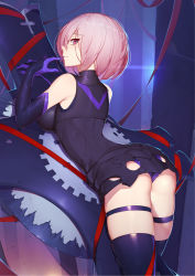 Rule 34 | 1girl, arched back, ass, bare shoulders, biting, blush, breasts, dress, elbow gloves, fate/grand order, fate (series), glove biting, gloves, highres, indoors, langya beike, large breasts, looking at viewer, looking back, mash kyrielight, panties, pink hair, purple eyes, purple gloves, purple hair, purple panties, purple thighhighs, shield, short dress, short hair, skindentation, smile, solo, standing, thigh strap, thighhighs, tile floor, tiles, underwear