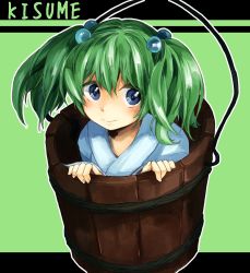 Rule 34 | 1girl, :&gt;, blue eyes, blush, bucket, face, female focus, green hair, hair between eyes, hair bobbles, hair ornament, in bucket, in container, japanese clothes, kimono, kisume, makuwauri, short hair, solo, touhou, twintails