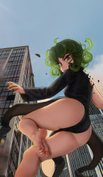 Rule 34 | 1girl, ahoge, ass, black dress, city, clothes between thighs, curly hair, dress, feet, floating, green eyes, green hair, highres, kneepits, looking at viewer, no panties, novcel, one-punch man, short hair, sky, solo, tatsumaki, thighs, torn clothes, torn dress