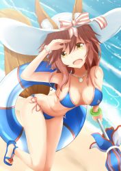 Rule 34 | 10s, 1girl, adidas, animal ears, bikini, blush, breasts, brown hair, cleavage, collarbone, day, fate/extra, fate/grand order, fate (series), fox, fox ears, fox tail, har, jewelry, joko jmc, large breasts, long hair, looking at viewer, navel, necklace, ocean, open mouth, outdoors, parasol, pendant, pink hair, ribbon, side-tie bikini bottom, solo, swimsuit, tail, tamamo (fate), tamamo no mae (fate/extra), tamamo no mae (swimsuit lancer) (fate), type-moon, umbrella, yellow eyes