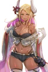 Rule 34 | 1girl, bare shoulders, black panties, blonde hair, blush, bow (bhp), breasts, camisole, cape, cleavage, dark-skinned female, dark skin, draph, elbow gloves, fang, fur trim, gloves, gluteal fold, granblue fantasy, gyaru, highleg, highleg panties, horns, jewelry, kumbhira (granblue fantasy), large breasts, long hair, looking at viewer, midriff, multicolored hair, navel, necklace, open mouth, panties, parted bangs, pointy ears, ribbon, short shorts, shorts, simple background, smile, solo, thighhighs, underwear, white background, white gloves, yellow eyes