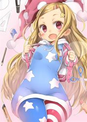 Rule 34 | 1girl, :d, adapted costume, alternate hairstyle, american flag legwear, backpack, bag, blonde hair, blush, boxcutter, breasts, chikado, clownpiece, commentary request, cowboy shot, dress, eraser, eyelashes, fairy wings, fang, hair ornament, hairclip, hairpin, hat, hood, hoodie, jester cap, long hair, long sleeves, looking at viewer, marker, open mouth, pantyhose, pencil, polka dot, pom pom (clothes), randoseru, red eyes, ruler, scissors, small breasts, smile, solo, star (symbol), star hair ornament, star print, striped clothes, striped pantyhose, swept bangs, touhou, very long hair, wide hips, wings