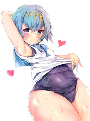 Rule 34 | 1girl, absurdres, armpits, arms behind head, arms up, blue eyes, blue hair, blue sailor collar, blush, breasts, clothes lift, covered navel, creatures (company), game freak, hair between eyes, hair ornament, heart, highres, lana (pokemon), looking at viewer, nintendo, pikacchi, pokemon, pokemon sm, sailor collar, school swimsuit, shirt, shirt lift, short hair, simple background, sleeveless, sleeveless shirt, small breasts, smile, solo, swimsuit, swimsuit under clothes, thick thighs, thighs, wet, white background