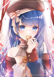 Rule 34 | 1girl, absurdres, bare shoulders, beret, blue dress, blue eyes, blue hair, blush, bow, candy, chocolate, chocolate heart, collar, covered mouth, dress, earrings, flower earrings, food, frilled collar, frills, fur trim, hat, hat bow, heart, heart earrings, highres, holding, holding heart, jewelry, kiritani haruka, long hair, long sleeves, looking at viewer, mairu003, official alternate costume, official alternate hair length, official alternate hairstyle, project sekai, red bow, red nails, single earring, single sidelock, sleeve cuffs, solo, striped bow, take the best shot! (project sekai), upper body, white bow