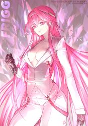 Rule 34 | 1girl, anzuarden art, artist name, breasts, formal, frigg (tower of fantasy), hairband, highres, long hair, looking at viewer, mechanical arms, medium breasts, pants, pink eyes, pink hair, signature, smile, suit, tower of fantasy, white pants, white suit