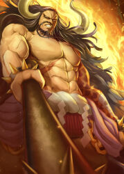 Rule 34 | 1boy, abs, arm tattoo, bare shoulders, beard, biceps, black eyes, black hair, bracelet, cape, chain, clenched teeth, club, club (weapon), commentary request, facial hair, fire, floating hair, from below, fur cape, grey pants, highres, holding, holding weapon, horns, jewelry, kaidou (one piece), kanabou, light particles, long hair, looking at viewer, male focus, mustache, one piece, pants, pectorals, rope, scar, scar on stomach, shide, shimenawa, shou daizu, solo, spiked bracelet, spiked club, spikes, standing, tattoo, teeth, topless, topless male, v-shaped eyes, veins, weapon