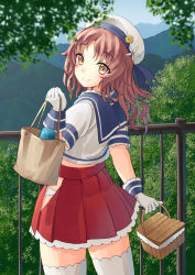 Rule 34 | 1girl, bag, basket, blue sailor collar, blue sky, brown eyes, brown hair, day, flower, forest, from behind, gloves, hair flower, hair ornament, hat, hip vent, kantai collection, long hair, looking at viewer, looking back, mayura (lucadia), nature, one side up, outdoors, paper bag, pleated skirt, puffy short sleeves, puffy sleeves, railing, red skirt, sailor collar, sailor hat, sailor shirt, shirt, short sleeves, skirt, sky, solo, standing, thermos, thighhighs, undershirt, wavy hair, white gloves, white shirt, white thighhighs, yashiro (kancolle)
