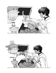 Rule 34 | 2boys, comic, commentary request, dental chair, dentist, eoduun badaui deungbul-i doeeo, gloves, greyscale, highres, holding, holding syringe, kim jaehee, kkoya cm, korean commentary, lab coat, long sleeves, male focus, mask, monochrome, mouth mask, multiple boys, out of frame, park moo-hyun, photo-referenced, short hair, short ponytail, silent comic, simple background, stuffed animal, stuffed toy, stuffed whale, syringe, white background