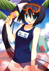 Rule 34 | 1girl, absurdres, bag, black hair, blue eyes, blush, cellphone, cloud, day, diving mask, embarrassed, food, goggles, green eyes, hachimitsu otome blossom days, hair ribbon, highres, ice cream, innertube, long hair, miyasu risa, name tag, nanase yuki (hachimitsu), one-piece swimsuit, palm tree, phone, ribbon, school swimsuit, short hair with long locks, side ponytail, sky, solo, swim ring, swimsuit, thighhighs, tree, twintails, very long hair, wavy mouth